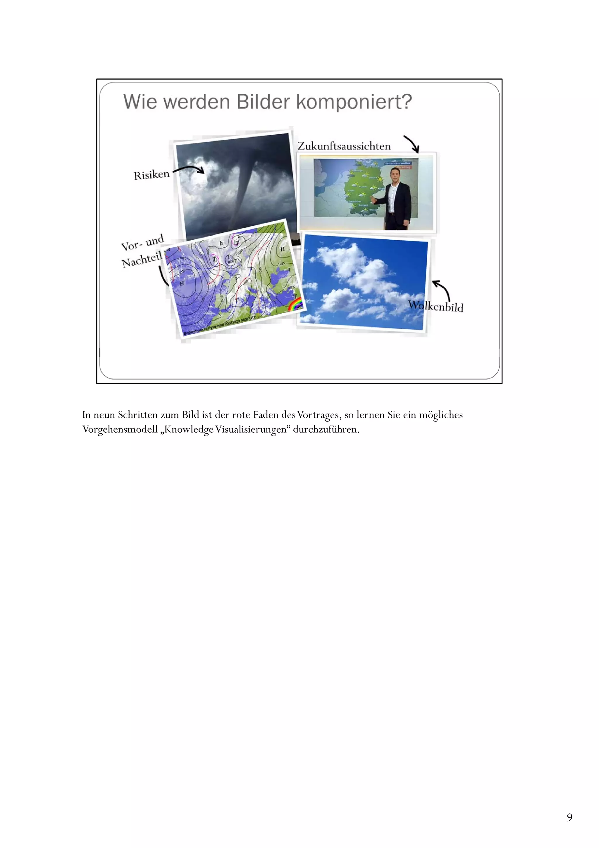In neun Schritten zum Bild ist der rote Faden des Vortrages, so lernen Sie ein mögliches
Vorgehensmodell „Knowledge Visualisierungen“ durchzuführen.




                                                                                           9
 
