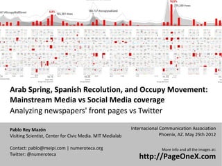 Arab Spring, Spanish Recolution, and Occupy Movement:
Mainstream Media vs Social Media coverage
Analyzing newspapers' front pages vs Twitter

Pablo Rey Mazón                                            Internacional Communication Association
Visiting Scientist, Center for Civic Media. MIT Medialab                 Phoenix, AZ. May 25th 2012

Contact: pablo@meipi.com | numeroteca.org                                More info and all the images at:
Twitter: @numeroteca
                                                              http://PageOneX.com
 