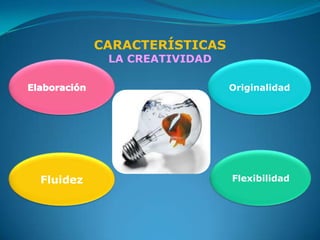 CARACTERÍSTICAS
           LA CREATIVIDAD

                            Originalidad




Fluidez                     Flexibilidad
 