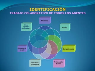 IDENTIFICACIÓN
TRABAJO COLABORATIVO DE TODOS LOS AGENTES

                                       Alumno/a

             Otros
           agentes:
         universidad…                                       Familia
               ...




    Servicios de
                                                             Compañeros/as
       apoyo




                        Consultor/a
                                                  Profesorado.
                        Orientador/a                 Tutor/a
 