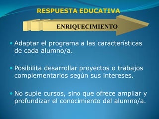 RESPUESTA EDUCATIVA

               ENRIQUECIMIENTO

 Adaptar el programa a las características
  de cada alumno/a.

 Posibilita desarrollar proyectos o trabajos
  complementarios según sus intereses.

 No suple cursos, sino que ofrece ampliar y
  profundizar el conocimiento del alumno/a.
 