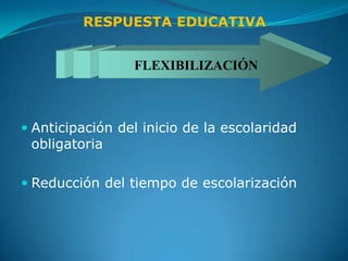 RESPUESTA EDUCATIVA


                 FLEXIBILIZACIÓN



 Anticipación del inicio de la escolaridad
  obligatoria

 Reducción del tiempo de escolarización
 