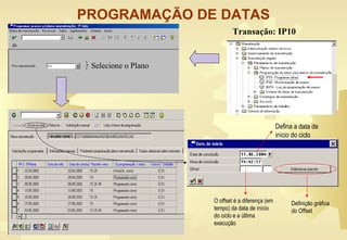 PROGRAMAÇÃO DE DATAS
Selecione o Plano
Transação: IP10
Defina a data de
início do ciclo
O offset é a diferença (em
tempo) da data de início
do ciclo e a última
execução
Definição gráfica
do Offset
 
