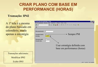 CRIAR PLANO COM BASE EM
PERFORMANCE (HORAS)
A 1ª tela é a mesma
do plano baseado em
calendário, muda
apenas a estratégia
Usar estratégia definida com
base em performance (horas)
Sempre PM
Transações adicionais:
Modificar IP02
Exibir IP03
Transação: IP42
 