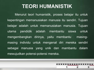 TEORI HUMANISTIK 
Menurut teori humanistik, proses belajar itu untuk 
kepentingan memanusiakan manusia itu sendiri. Tujuan 
belajar adalah untuk memanusiakan manusia. Tujuan 
utama pendidik adalah membantu siswa untuk 
mengembangkan dirinya, yaitu membantu masing-masing 
individu untuk mengenal diri mereka sendiri 
sebagai manusia yang unik dan mambantu dalam 
mewujudkan potensi-potensi mereka. 
 