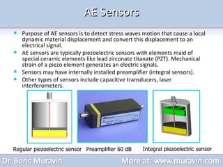 AE Sensors Purpose of AE sensors is to detect stress waves motion that cause a local dynamic material displacement and convert this displacement to an electrical signal. AE sensors are typically piezoelectric sensors with elements maid of special ceramic elements like lead zirconate titanate (PZT). Mechanical strain of a piezo element generates an electric signals.  Sensors may have internally installed preamplifier (integral sensors). Other types of sensors include capacitive transducers, laser interferometers. Regular piezoelectric sensor Integral piezoelectric sensor Preamplifier 60 dB 