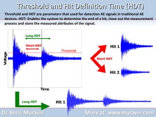 Threshold and Hit Definition Time (HDT) Threshold and HDT are parameters that used for detection AE signals in traditional AE devices. HDT: Enables the system to determine the end of a hit, close out the   measurement process and store the measured attributes of the signal. Hit 1 Hit 1 Hit 2 Short HDT Long HDT Threshold Long HDT Short HDT 