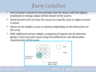 Zone Location Zone location is based on the principle that the sensor with the highest amplitude or energy output will be closest to the source.  Zonal location aims to trace the waves to a specific zone or region around a sensor. Zones can be lengths, areas or volumes depending on the dimensions of the array.  With additional sensors added, a sequence of signals can be detected giving a more accurate result using time differences and attenuation characteristics of the wave. 