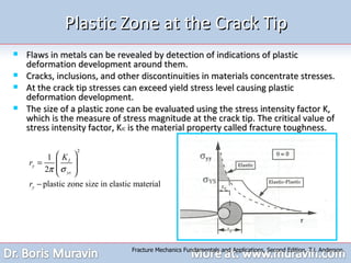 Plastic Zone at the Crack Tip Flaws in metals can be revealed by detection of indications of plastic deformation development around them. Cracks, inclusions, and other discontinuities in materials concentrate stresses. At the crack tip stresses can exceed yield stress level causing plastic deformation development. The size of a plastic zone can be evaluated using the stress intensity factor K, which is the measure of stress magnitude at the crack tip. The critical value of stress intensity factor, K IC  is the material property called fracture toughness. Fracture Mechanics Fundamentals and Applications, Second Edition, T.L Anderson. 