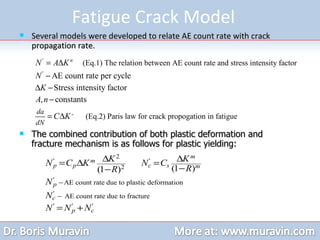Fatigue Crack Model  Several models were developed to relate AE count rate with crack propagation rate. The combined contribution of both plastic deformation and fracture mechanism is as follows for plastic yielding: 