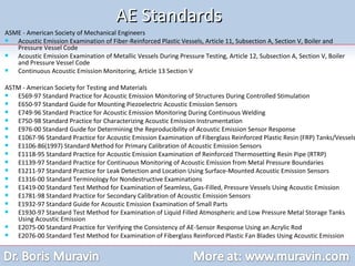 AE Standards ASME - American Society of Mechanical Engineers Acoustic Emission Examination of Fiber-Reinforced Plastic Vessels, Article 11, Subsection A, Section V, Boiler and Pressure Vessel Code  Acoustic Emission Examination of Metallic Vessels During Pressure Testing, Article 12, Subsection A, Section V, Boiler and Pressure Vessel Code  Continuous Acoustic Emission Monitoring, Article 13 Section V  ASTM - American Society for Testing and Materials E569-97 Standard Practice for Acoustic Emission Monitoring of Structures During Controlled Stimulation E650-97 Standard Guide for Mounting Piezoelectric Acoustic Emission Sensors E749-96 Standard Practice for Acoustic Emission Monitoring During Continuous Welding E750-98 Standard Practice for Characterizing Acoustic Emission Instrumentation E976-00 Standard Guide for Determining the Reproducibility of Acoustic Emission Sensor Response E1067-96 Standard Practice for Acoustic Emission Examination of Fiberglass Reinforced Plastic Resin (FRP) Tanks/Vessels E1106-86(1997) Standard Method for Primary Calibration of Acoustic Emission Sensors E1118-95 Standard Practice for Acoustic Emission Examination of Reinforced Thermosetting Resin Pipe (RTRP) E1139-97 Standard Practice for Continuous Monitoring of Acoustic Emission from Metal Pressure Boundaries E1211-97 Standard Practice for Leak Detection and Location Using Surface-Mounted Acoustic Emission Sensors E1316-00 Standard Terminology for Nondestructive Examinations E1419-00 Standard Test Method for Examination of Seamless, Gas-Filled, Pressure Vessels Using Acoustic Emission E1781-98 Standard Practice for Secondary Calibration of Acoustic Emission Sensors E1932-97 Standard Guide for Acoustic Emission Examination of Small Parts E1930-97 Standard Test Method for Examination of Liquid Filled Atmospheric and Low Pressure Metal Storage Tanks Using Acoustic Emission E2075-00 Standard Practice for Verifying the Consistency of AE-Sensor Response Using an Acrylic Rod E2076-00 Standard Test Method for Examination of Fiberglass Reinforced Plastic Fan Blades Using Acoustic Emission 