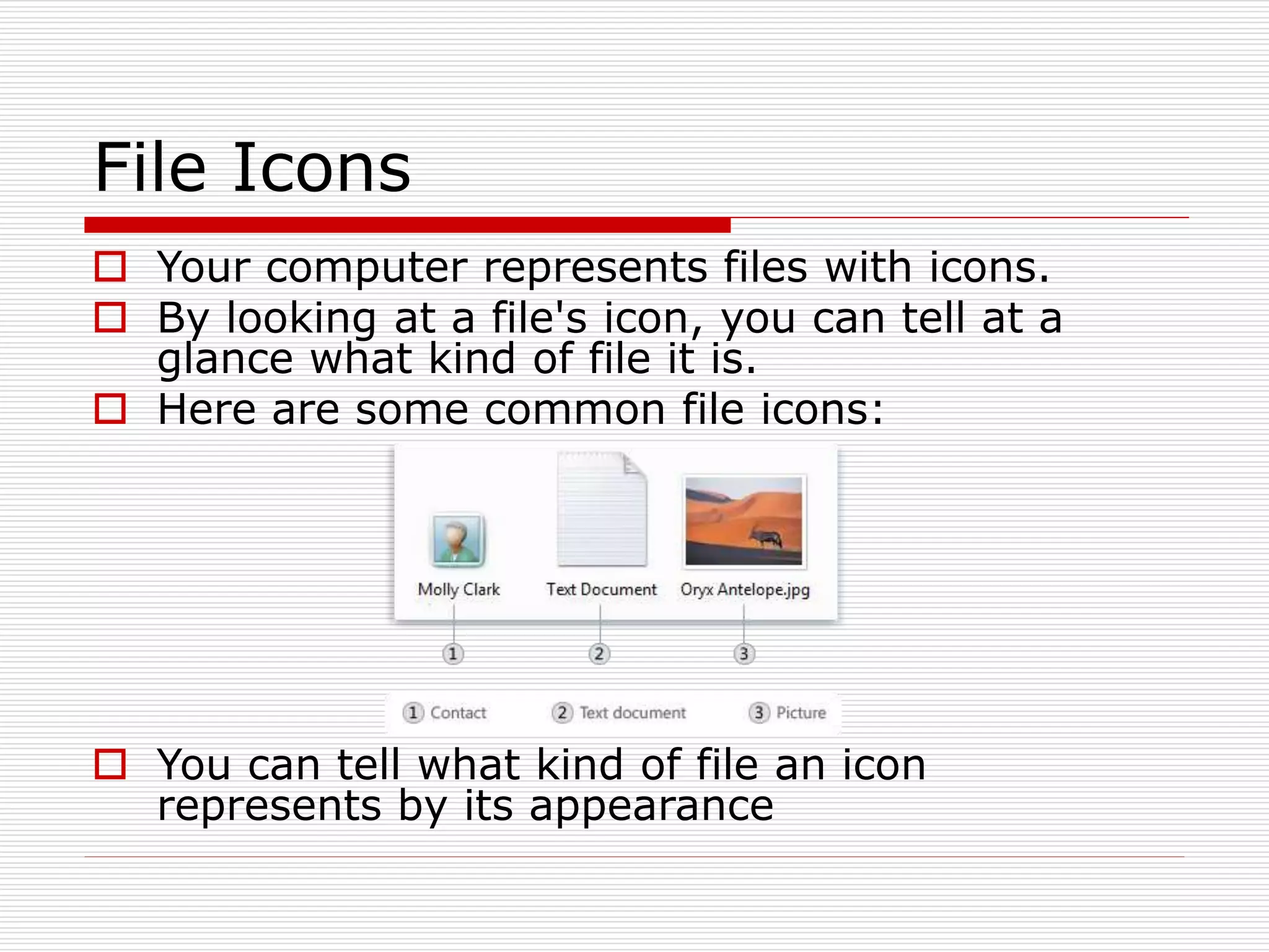 File Icons
 Your computer represents files with icons.
 By looking at a file's icon, you can tell at a
glance what kind of file it is.
 Here are some common file icons:
 You can tell what kind of file an icon
represents by its appearance
 