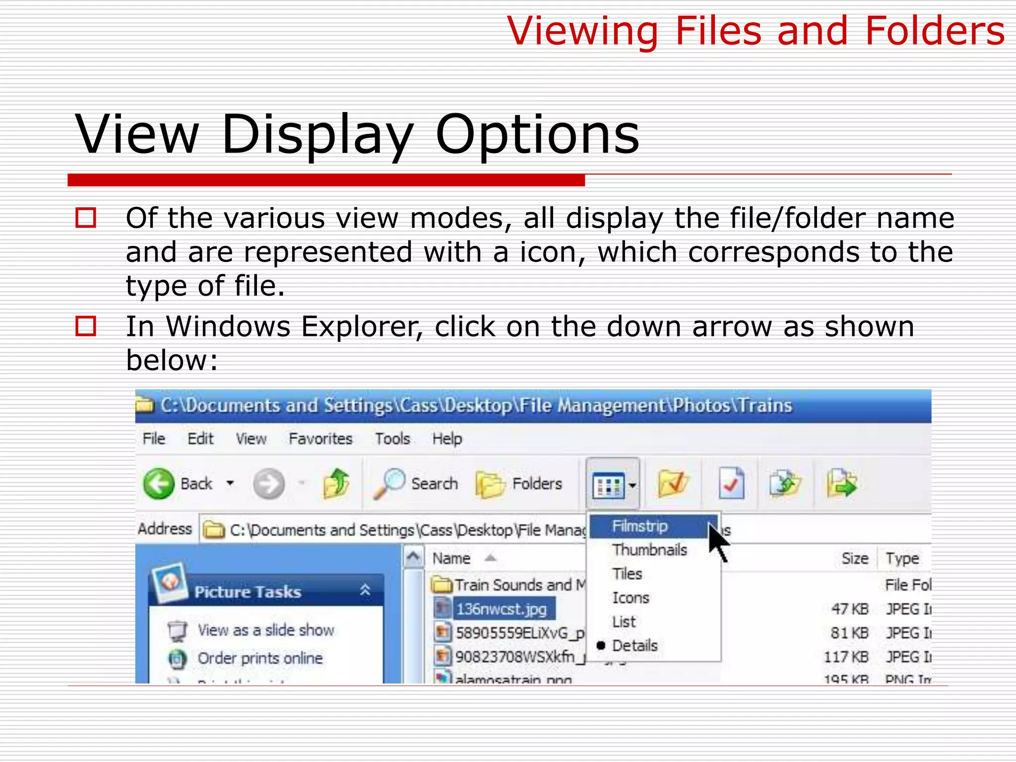 View Display Options
 Of the various view modes, all display the file/folder name
and are represented with a icon, which corresponds to the
type of file.
 In Windows Explorer, click on the down arrow as shown
below:
Viewing Files and Folders
 