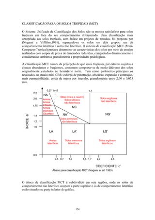 154
CLASSIFICAÇÃO PARA OS SOLOS TROPICAIS (MCT)
O Sistema Unificado de Classificação dos Solos não se mostra satisfatório para solos
tropicais em face do seu comportamento diferenciado. Uma classificação mais
apropriada aos solos tropicais, com ênfase em projetos de estradas, foi proposta por
(Nogami e Vollibor,1961), separando-se os solos em dois grupos: um de
comportamento laterítico e outro não laterítico. O sistema de classificação MCT (Mini-
Compacto-Tropical) procura determinar as características dos solos por meio de ensaios
realizados com corpos de prova de dimensões reduzidas, compactados dinamicamente e
considerando também a granulometria e propriedades pedológicas.
A classificação MCT nasceu da percepção de que solos tropicais, por estarem sujeitos a
chuvas abundantes e freqüentes, costumam comportar-se de modo diferente dos solos
originalmente estudados no hemisfério norte. Tem como parâmetros principais os
resultados do ensaio mini-CBR: esforço de penetração, absorção, expansão e contração,
mais permeabilidade, perda de massa por imersão, granulometria entre 2,00 e 0,075
mm.
O ábaco de classificação MCT é subdividido em sete regiões, onde os solos de
comportamento não laterítico ocupam a parte superior e os de comportamento laterítico
estão situados na parte inferior do gráfico.
0,5
0,5 0,7 1,0 1,5 1,7 2,0 2,5
1,0
1,2
1,4
1,75
2,0
2,2
NA
NA’ NG’
LA LA’ LG’
NS’
1,70,450,27
ÍNDICEe’
COEFICIENTE c’
Solos argilosos
não lateríticos
Siltes (mica e caulim)
Solos siltosos
não lateríticos
Solos arenosos
não lateríticos
Areias
lateríticas
Areias,
Areias
siltosas,
Areias
argilosas
(Quartzo)
Solos arenosos
lateríticos
Solos argilosos
lateríticos
Ábaco para classificação MCT (Nogami et all, 1993)
 
