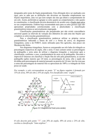 143
designados pelo nome da fração preponderante. Esta afirmação deve ser analisada com
rigor, pois se sabe que as definições não deveriam ser baseadas simplesmente nas
frações majoritárias, uma vez que nem sempre são elas que ditam o comportamento de
um solo. Assim, preferindo-se agrupar os solos quanto ao comportamento e não quanto
às constituições, a classificação deveria denominá-lo de acordo com a fração mais ativa
no seu comportamento. Embora hoje recomendada mais para os solos grossos (que não
apresentam propriedades correlacionadas com a plasticidade) a classificação
granulométrica tomou-se universalmente empregada.
Classificações granulométricas são prejudicadas por não existir concordância
universal quanto ao intervalo de variação dos diâmetros de cada uma das frações que
compõem os solos (escalas granulométricas).
Para a classificação granulométrica podem-se utilizar as próprias curvas
granulométricas indicando a finura do solo e a forma da curva, ou diagramas
triangulares, como o de FERET, muito utilizados para fins agrícolas, mas pouco em
Mecânica dos Solos.
Nos diagramas triangulares, fazem-se corresponder aos três lados do triângulo as
porcentagens respectivas de argila, silte e areia. É mais comum somar as porcentagens
de pedregulho e areia antes de utilizar o diagrama triangular, e mencionar após a
classificação, conforme o caso, a predominância de areia ou de pedregulho. Havendo o
improvável interesse em classificar a fração fina do solo pela granulometria, se ocorrer
pedregulho (grãos maiores que 2,0 mm), as porcentagens de areia, silte e argila são
divididas pela porcentagem de material passante na peneira de 2,0 mm. Isto faz com que
a soma das porcentagens do material fino se aproximem de 100% e o triângulo de Feret
possa ser usado.
Por exemplo, o solo correspondente ao ponto “S” na figura seguinte é formado por
15% de areia, 50% de silte e 35% de argila. Foi classificado como “argila”.
O solo descrito pelo ponto “T”, com 28% de argila, 49% de areia e 23% de silte,
recebeu a classificação “lemo argiloso”.
T
Figura 10.1:Diagrama de Feret (uma versão)
S
CHAVE DO GRÁFICO
% ARGILA
% AREIA
+
PEDREGULHO
% SILTE
 