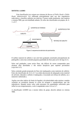 145
SISTEMA AASHO
Esta classificação teve origem nos sistemas do Bureau of Public Roads e Public
Roads Administration. Foi elaborada principalmente para uso dos engenheiros
rodoviários e classifica subleitos em rodovias. È pouco usada atualmente, mas inspirou
o sistema TRB, que será detalhado adiante. Os solos são classificados em grupos, de A-
1 a A-7.
O melhor material de subleito é um solo bem graduado constituído principalmente de
pedregulho e areia mas contendo pequena quantidade de finos para servir de liga (A-1).
Solos mal graduados, como areias finas, são difíceis de serem compactados para
alcançar altas densidades e são menos desejáveis para suportar pavimentos
(veja solo A-3).
Solos contendo grande proporção de finos são inadequados como materiais de subleito.
Estes são classificados de A-4 a A-7, na ordem decrescente de adequação como material
de sub-leito. (Quando o subleito é inadequado, é executado um reforço de subleito, ou o
material é substituído.).
Argilas com altos índices de limite de liquidez e de plasticidade estão sujeitas a amplas
variações na resistência durante os ciclos de secagem e umedecimento, que são
indesejáveis. Quando nestes solos estão presentes em quantidades suficientes para
influir no seu comportamento, o solo é enquadrado como A-6 ou A-7.
A classificação AASHO usa o mesmo índice de grupo, descrito adiante no sistema
TRB.
SUPERFÍCIE DO TERRENO
SUBLEITO
SUB-BASE
BASE
REVESTIMENTO
SUPERFÍCIE DO TERR
REFORÇO DE SUBLEITO
Figura 2: esquema da estrutura de pavimentos
 