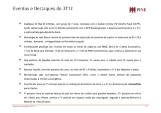 Eventos e Destaques do 3T12 
Captação de US$ 30 milhões, com prazo de 7 anos, realizada com o Global Climate Partnership Fund (GCPF), 
fundo patrocinado pelo Governo Alemão juntamente com o KFW Bankengruppe, o Governo da Dinamarca e o IFC, 
e administrado pelo Deutsche Bank. 
Homologação pelo Banco Central da primeira fase de subscrição do aumento de capital no montante de R$ 139,6 
milhões. Montante já integralizado no Patrimônio Líquido. 
Contribuições positivas das receitas em todas as linhas de negócios nos 9M12: 60,2% de Crédito Corporativo, 
17,6% da Mesa para Clientes, 11,2% da Tesouraria, e 11,0% da PINE Investimentos, que continua a demonstrar sua 
recorrência. 
Gap positivo de liquidez mantido há mais de 10 trimestres: 14 meses para o crédito ante 16 meses para a 
captação. 
Balanço líquido com alto líquido, ppaattaammaarr ddee ccaaiixxaa, nnoo vvaalloorr ddee RR$$ 11,44 bbiillhhããoo, eeqquuiivvaalleennttee aa 4411%% ddooss ddeeppóóssiittooss aa pprraazzoo. 
Reconhecido pelo International Finance Corporation (IFC), como o melhor banco emissor de operações 
direcionadas à eficiência energética. 
Classificado entre os 15 maiores bancos no ranking de derivativos da Cetip e o 2º em derivativos de commodities 
para clientes. 
9ª posição entre os maiores bancos do país em oferta de crédito para grandes empresas, 15ª posição em oferta 
de crédito para Pessoa Jurídica e 5ª posição em riqueza criada por empregado, segundo o ranking Melhores e 
Maiores da revista Exame. 
Relações com Investidores | 3T12 | 3/15 
 
