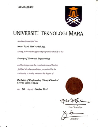 .
uirM t42g[52
UNIVERSITI TEKNOLOGI MARA
It is hereby certified that
Nurul lzzuti Binti Abdul Aziz
having followed the approved programme of study in the
Facalty of Chemical Engineering
and having passed the examinations and having
fulfilled all other conditions prescribed by the
University is hereby awarded the degree of
Bochelor of Engineering (Hons) Chemical
Second Class (Upper)
this &th day of October 2014
c-
Registrar
 