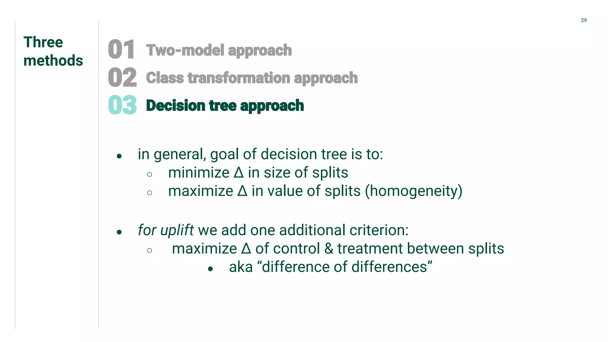 Three
methods
29
● in general, goal of decision tree is to:
○ minimize Δ in size of splits
○ maximize Δ in value of splits (homogeneity)
● for uplift we add one additional criterion:
○ maximize Δ of control & treatment between splits
● aka “difference of differences”
 