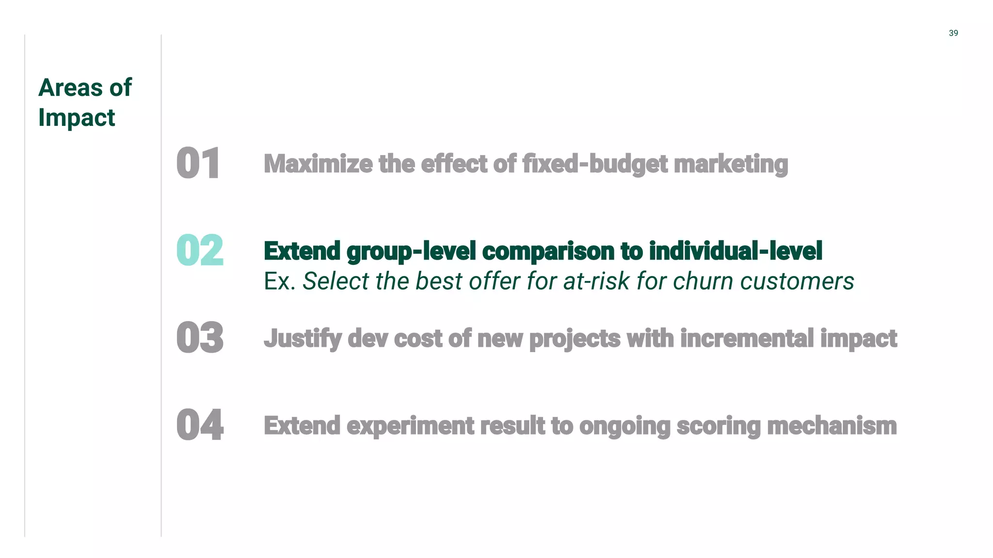 Areas of
Impact
39
Ex. Select the best offer for at-risk for churn customers
 