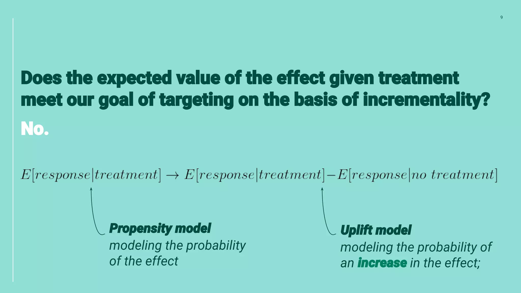 9
modeling the probability
of the effect
modeling the probability of
an in the effect;
 