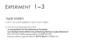 EXPERIMENT 1~3
가능한이의제기
1. RT가 기존 논문의 실험들보다 길어서 비교가 어렵다
2. 이미 2014년, Moorselaar의 논문인
In Competition for the Attentional Template:
Can Multiple Items Within Visual Working Memory Guide Attention?
에서 2개 이상의 VWM representation이 경쟁하게 되면
memory-driven capture effect가 생기지 않는다고 하였습니다.
 