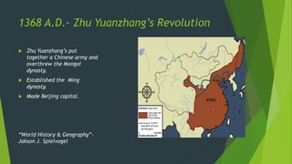 1368 A.D.- Zhu Yuanzhang’s Revolution
 Zhu Yuanzhang’s put
together a Chinese army and
overthrew the Mongol
dynasty.
 Established the Ming
dynasty.
 Made Beijing capital.
“World History & Geography”-
Jakson J. Spielvogel
 