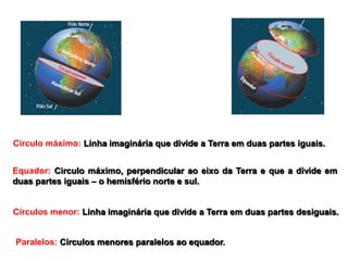 Circulo máximo: Linha imaginária que divide a Terra em duas partes iguais.
Equador: Circulo máximo, perpendicular ao eixo da Terra e que a divide em
duas partes iguais – o hemisfério norte e sul.
Paralelos: Círculos menores paralelos ao equador.
Círculos menor: Linha imaginária que divide a Terra em duas partes desiguais.
 
