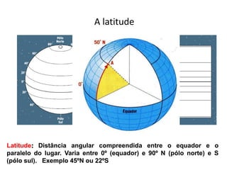 A latitude
Latitude: Distância angular compreendida entre o equador e o
paralelo do lugar. Varia entre 0º (equador) e 90º N (pólo norte) e S
(pólo sul). Exemplo 45ºN ou 22ºS
 
