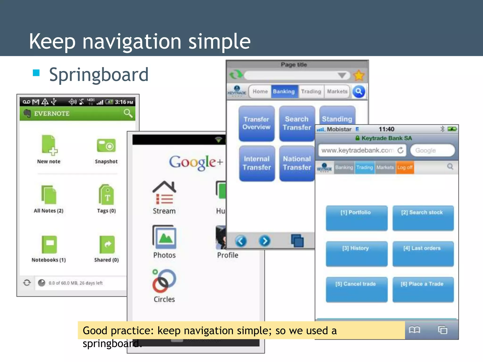 ti on : Spri n gboard                       updat es & ext ras
n : Spri n gboard simple es & ext ras
    Keep navigation updat
           Springboard
     Evernote                 Google Plus              Pages




vernote                   Google Plus                 Pages




    wit h summary dat a                                    wit h drill down
                Good practice: keep navigation simple; so we used a
                springboard.
 