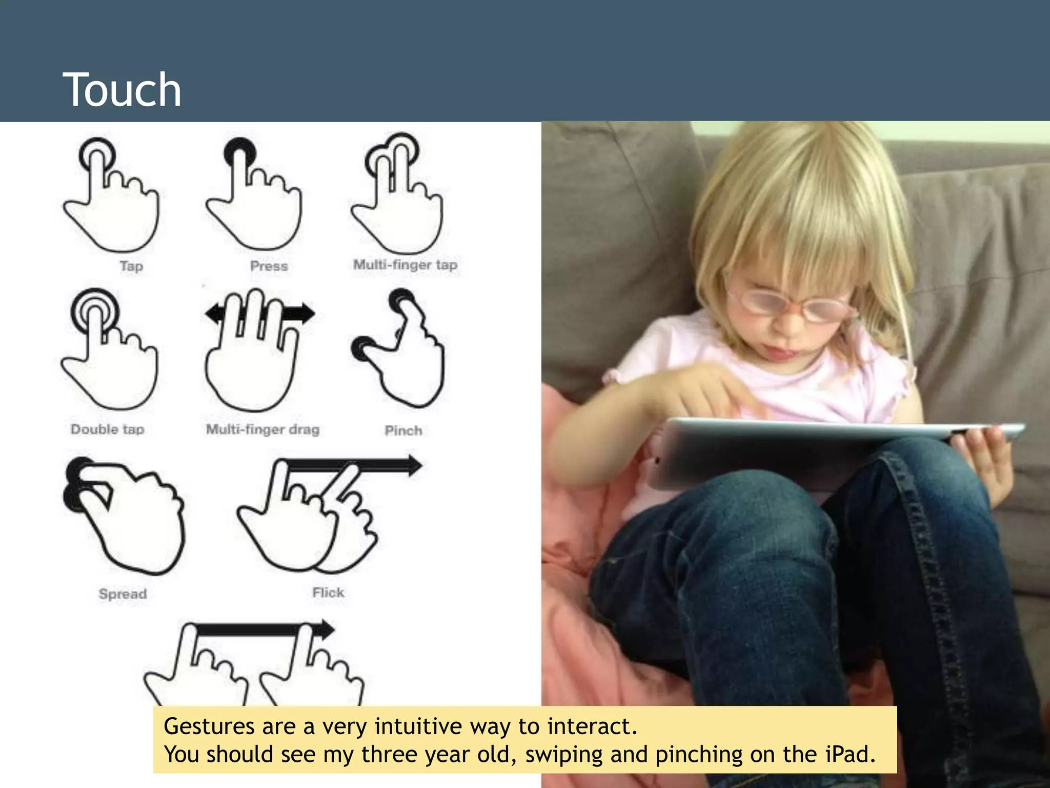 Touch




    Gestures are a very intuitive way to interact.
    You should see my three year old, swiping and pinching on the iPad.
 
