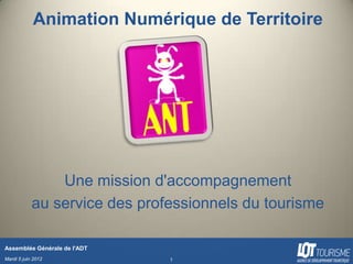 Animation Numérique de Territoire




                Une mission d'accompagnement
            au service des professionnels du tourisme

Assemblée Générale de l'ADT
Mardi 5 juin 2012              1
 
