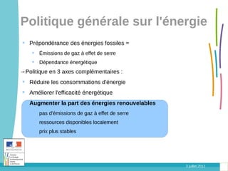 Politique générale sur l'énergie
 Prépondérance des énergies fossiles =
     Émissions de gaz à effet de serre
     Dépendance énergétique
→Politique en 3 axes complémentaires :
 Réduire les consommations d'énergie
 Améliorer l'efficacité énergétique
 Augmenter la part des énergies renouvelables
     pas d'émissions de gaz à effet de serre
     ressources disponibles localement
     prix plus stables




                                                 3 juillet 2012
 