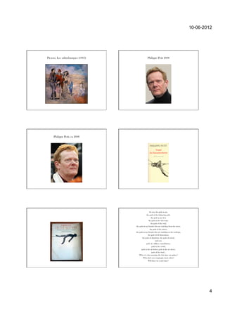 10-06-2012




Picasso, Les saltimbanques (1905)                 Philippe Petit 2008




     Philippe Petit, ca 2008




                                                      So you, the gods in me,
                                                 the gods in the balancing pole,
                                                         the gods in my feet,
                                                     the gods in the wire-rope,
                                                        the gods of the void,
                                    the gods in my friends who are watching from the street,
                                                       the gods of the towers,
                                    the gods in my friends who are standing on the rooftops,
                                                    the gods of all dimensions,
                                           the gods of departure, the gods of arrival,
                                                              and you,
                                                 gods of a billion constellations,
                                                          gods in the crowd,
                                          gods in the air below, gods in the air above,
                                                          gods of the wind...
                                        Why is it, this morning, the first time you gather?
                                            Why don't you congregate more often?
                                                    Will there be a next time?




                                                                                                       4
 