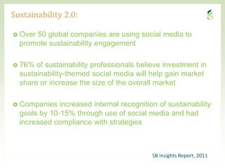Sustainability 2.0:

 Over  50 global companies are using social media to
    promote sustainability engagement

 76%    of sustainability professionals believe investment in
    sustainability-themed social media will help gain market
    share or increase the size of the overall market

 Companies     increased internal recognition of sustainability
    goals by 10-15% through use of social media and had
    increased compliance with strategies



                                             SB Insights Report, 2011
8                                                       SBCONFIDENTIAL
 