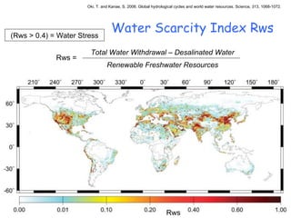 Water Scarcity Index Rws Oki, T. and Kanae, S. 2006. Global hydrological cycles and world water resources. Science, 313, 1068-1072. (Rws > 0.4) = Water Stress Rws Total Water Withdrawal – Desalinated Water Renewable Freshwater Resources Rws = 