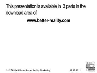 Starting point forSocial Customer Relationship
     Management

                Marketing            Sales        Service/Support      Innovation

              Social Marketing    Social Sales     Social Support    Social Innovation
                   Insight          Insight            Insight            Insight

               Rapid Social     Rapid Social        Rapid Social     Crowedsourced
            Marketing Response Sales Response     Support Response       F&E

               Social Event                       Socially‐enabled
                                  Sales Referal
               Management                             Service

              Social Campaign    Proactive Lead
                  Tracking        Generierung




 based on AltimeterHillmer 2010
     12.6.2012 Dr. Ute Group
Dr. Ute Hillmer, Better Reality Marketing                                     19.12.2011
 
