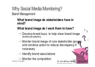 Why Social Media Monitoring?
Brand Management
          What brand image do stakeholders have in
          mind?
          What brand image do I want them to have?
                    Develop brand buzz to help steer brand image
                    (truthful and authentic)

                    Monitor brand image of core stakeholder groups
                    and construe action to reduce discrepancy if
                    necessary
                    Identify brand associations
                    Monitor the competition
12.6.2012 Dr. Ute Hillmer                         Dr. Ute Hillmer, Better   19.12.201
                                                  Reality Marketing         1
 