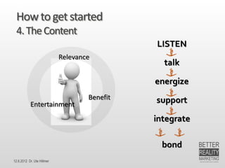 Konvergenz des Mediensystems (Gläser 2010, S. 274)
                     Traditionelle Trägermedien              Traditionelle Übertragungsmedien                      Universalmedium

Form der              Text/ Bild        Ton         AV   Ton         AV        Sprache       Daten      Multi‐     Text/Bild/Ton/ 
Kommunikation                                                                                                      Sprache/AV/ 
                                                         media                                                     Daten/Multimedia
Medium                                       Film/                Fern‐ Telefon ‐ Daten ‐ Online ‐                 Universalmedium
                    Buch    Presse    Audio  Video       Hörfunk  sehen dienste dienste  dienste 


Produktions‐        Verlag  Verlag Verlag Verlag         Sender    Sender Dienst ‐ Dienst ‐ Dienst ‐               Universalmedium‐
unternehmen                                                               leister leister leister                  unternehmen



Distribution: 
                       Terrestrische            Breitbandkabel         Internet                 Satellit            Telefonnetz 
Konvergente 
                       Sender                                                                                       Mobilfunk
Datennetze

       Radio, TV, Pay‐per‐channel/view, Video‐on‐demand, Audio‐/Video‐Streaming, Internetdienst, Teleshopping,E‐Mail


Konsum: 
konvergente                     Fernsehgerät                     PC                 Handy                              Print
Konsumgüter
     12.6.2012 Dr. Ute Hillmer
Dr. Ute Hillmer, Better Reality Marketing                                                                        19.12.2011
 