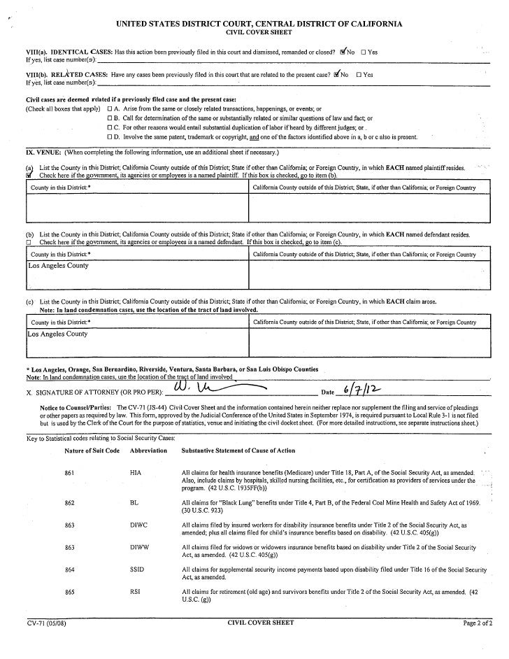 civil cover sheet california