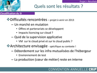 Quels sont les résultats ?
Difficultés rencontrées – projet à venir en 2013
– Un marché en mutation
• Offres et partenariats se développent
• Impacts licencing sur cloud ?
– Quid de la supervision applicative
• VM sur le cloud privé et sur le cloud public ?
Architecture envisagée - spécifique au contexte !
– Débordement sur les infra mutualisées de l’hébergeur
• Environnement de test
– La production (cœur de métier) reste en interne
Cloudification du SI
Projet > Résultats
 