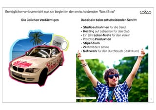 Ermöglicher verlosen nicht nur, sie begleiten den entscheidenden “Next Step”

           Die üblichen Verdächtigen                      Dabeisein beim entscheidenden Schritt

                                                          • Studioaufnahmen für die Band
                                                          • Hosting auf Lebzeiten für den Club
                                                          • Ein Jahr Lokal-Miete für den Verein
                                                          • Prototyp Produktion
                                                          • Stipendium
                                                          • Zeit mit der Familie
                                                          • Netzwerk für den Durchbruch (Praktikum)




                                                 kasia310: http://kasia310.deviantart.com/
                                                                                                      31
 