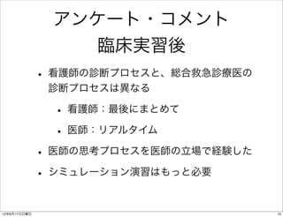 アンケート・コメント
                  臨床実習後
              • 看護師の診断プロセスと、総合救急診療医の
               診断プロセスは異なる

               • 看護師：最後にまとめて
               • 医師：リアルタイム
              • 医師の思考プロセスを医師の立場で経験した
              • シミュレーション演習はもっと必要

12年6月17日日曜日                            13
 