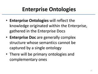 Enterprise Ontologies
• Enterprise Ontologies will reflect the
  knowledge originated within the Enterprise,
  gathered in the Enterprise Docs
• Enterprise Doc are generally complex
  structure whose semantics cannot be
  captured by a single ontology
• There will be primary ontologies and
  complementary ones

                                                27
 