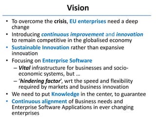 Vision
• To overcome the crisis, EU enterprises need a deep
  change
• Introducing continuous improvement and innovation
  to remain competitive in the globalised economy
• Sustainable Innovation rather than expansive
  innovation
• Focusing on Enterprise Software
   – Vital infrastructure for businesses and socio-
     economic systems, but …
   – ‘hindering factor’, wrt the speed and flexibility
     required by markets and business innovation
• We need to put Knowledge in the center, to guarantee
• Continuous alignment of Business needs and
  Enterprise Software Applications in ever changing
  enterprises
 