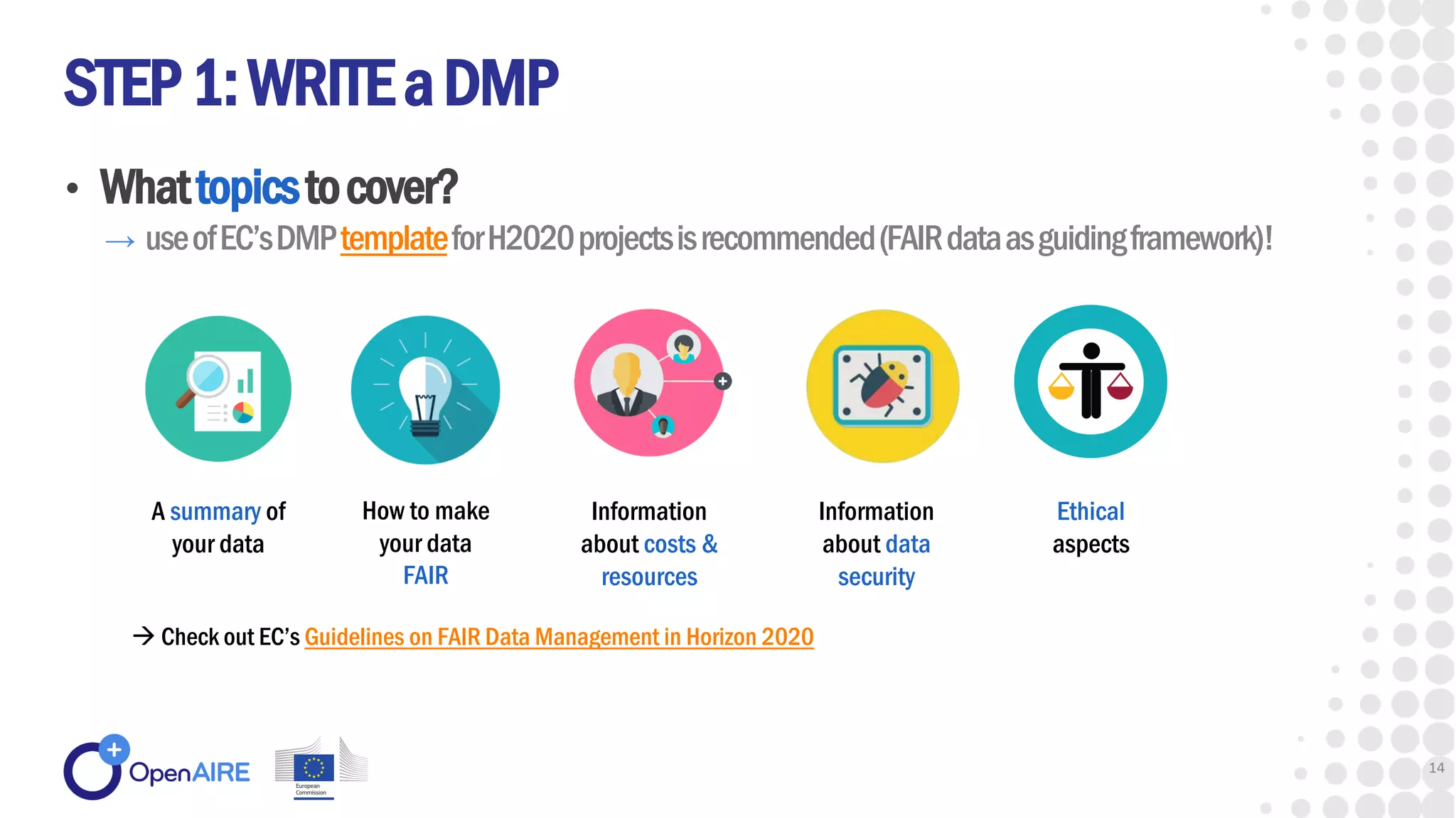 • Whattopicstocover?
→ useofEC’sDMPtemplateforH2020projectsisrecommended(FAIRdataasguidingframework)!
STEP1:WRITEaDMP
14
A summary of
your data
How to make
your data
FAIR
Information
about costs &
resources
Information
about data
security
Ethical
aspects
 Check out EC’s Guidelines on FAIR Data Management in Horizon 2020
 