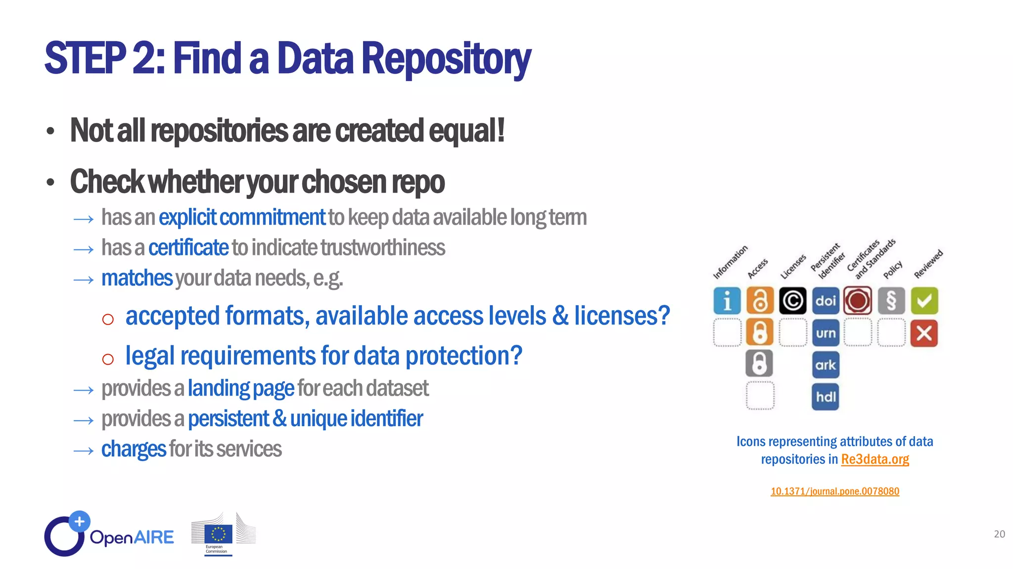• Notallrepositoriesarecreatedequal!
• Checkwhetheryourchosenrepo
→ hasanexplicitcommitmenttokeepdataavailablelongterm
→ hasacertificatetoindicatetrustworthiness
→ matchesyourdataneeds,e.g.
o accepted formats, available accesslevels & licenses?
o legal requirements for data protection?
→ providesalandingpageforeachdataset
→ providesapersistent&uniqueidentifier
→ chargesforitsservices
STEP2:FindaDataRepository
20
Icons representing attributes of data
repositories in Re3data.org
10.1371/journal.pone.0078080
 