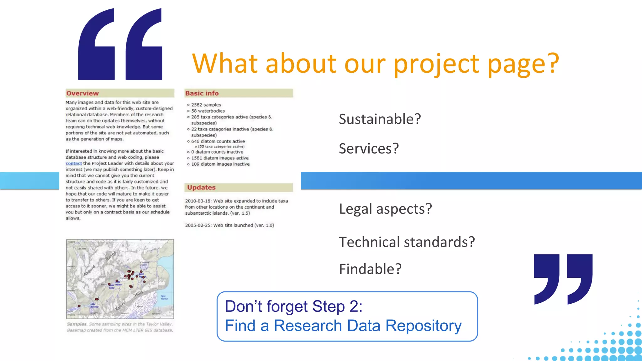What about our project page?
Sustainable?
Services?
Legal aspects?
Technical standards?
Findable?
Don’t forget Step 2:
Find a Research Data Repository
 
