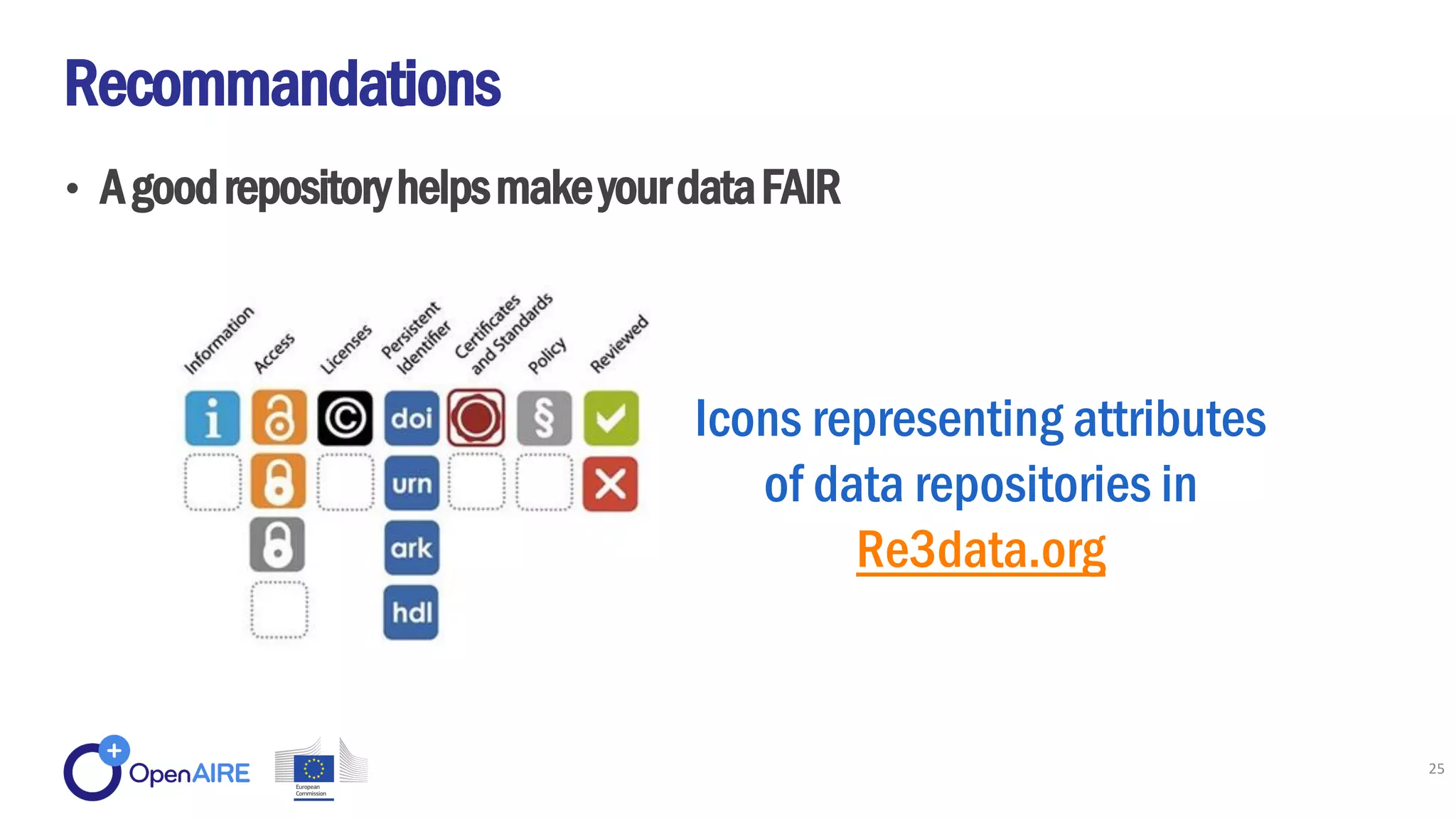 • AgoodrepositoryhelpsmakeyourdataFAIR
Recommandations
25
Icons representing attributes
of data repositories in
Re3data.org
 