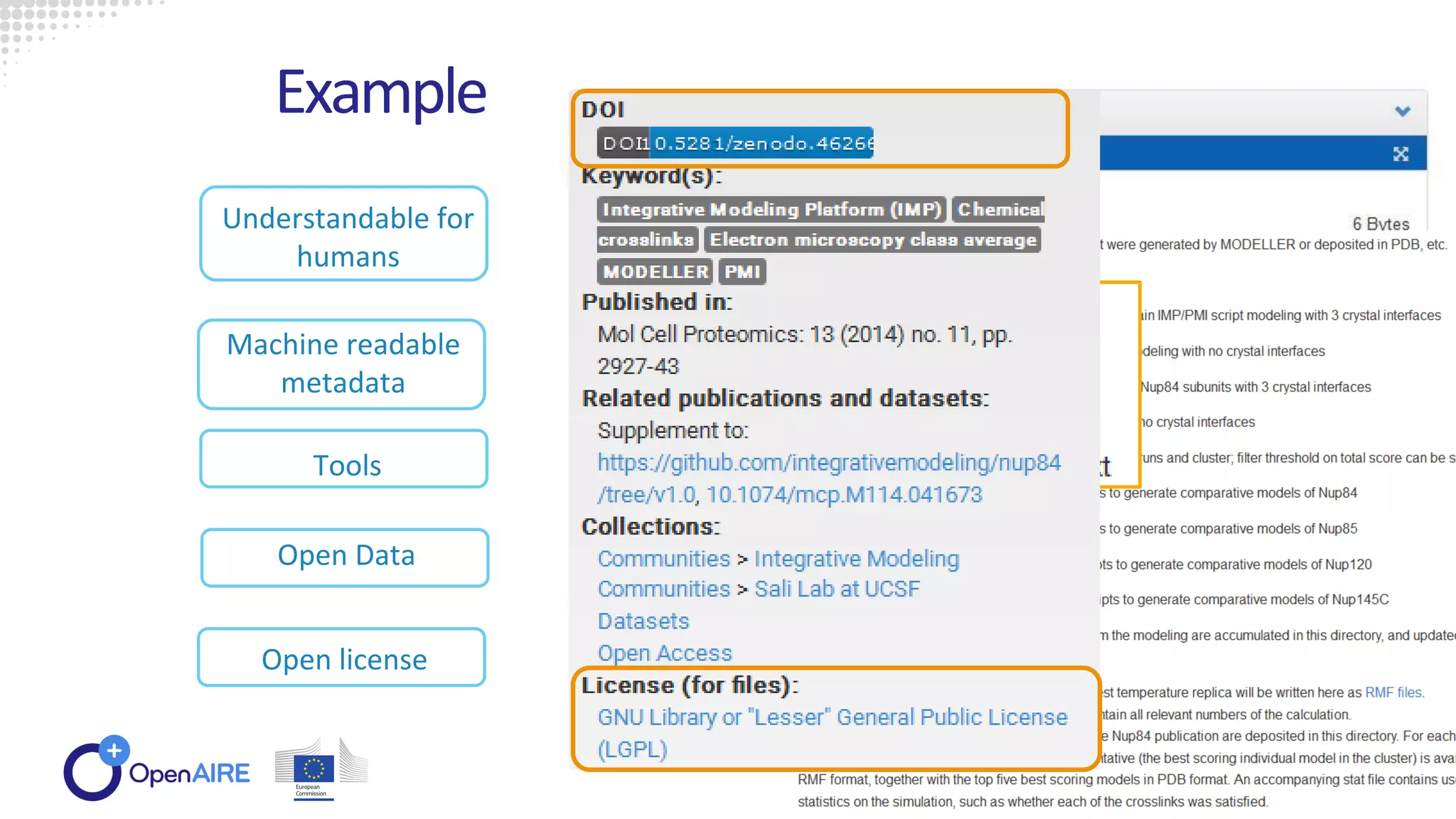 OpenAIRE webinar: Open Research Data in H2020 – 12/06/2019
Example
Understandable for
humans
Machine readable
metadata
Tools
Open Data
Open license
 
